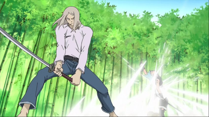 Scene from the 2nd fight between Black Star and Mifune in Soul Eater where Mifune is defeating Black Star