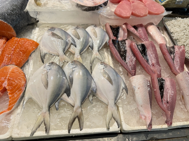 Different types of fish cut and cleaned for consumption on top of ice at a food market
