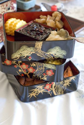 Lunch box with 3 different layers, commonly served during New Year's in Japan