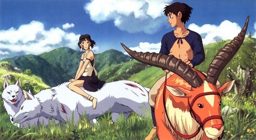 Scene of a animation movie made by Studio Ghibli, where a boy and a girl are riding different animals in the middle of a valley