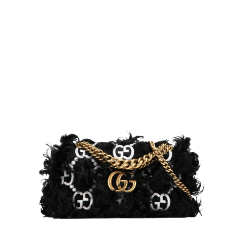 Pre-owned Gucci GG Marmont GG pattern chain shoulder bag/handbag 752026 in black and white with faux fur and leather.Miu Miu Ivy Leather Mini Handbag, Black, WS24670 (Pre-owned)