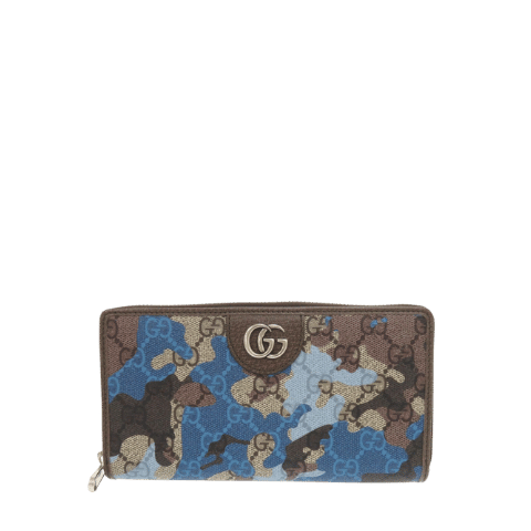 New Condition Gucci GG Camouflage Pattern 834694 Blue Beige Round Zipper Long Wallet 1084 [Used] GUCCI