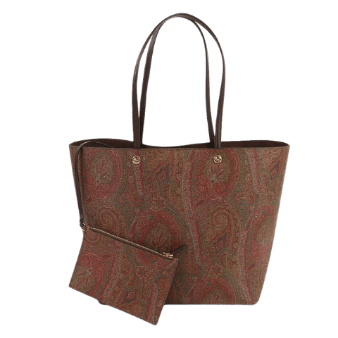 ETRO Essential Bag Maxi Leather Paisley Pattern Large Tote Bag with Pouch Brown Made in Italy Womens [Used