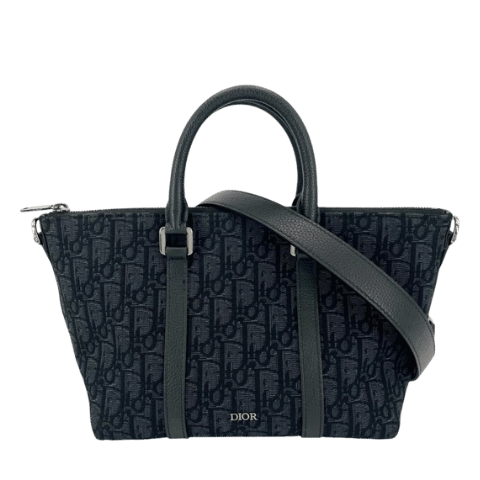 Christian Dior 2-Way Womens Oblique Weekender 25 Handbag Shoulder Bag Crossbody Christian Dior Canvas Leather Navy Gold Hardware