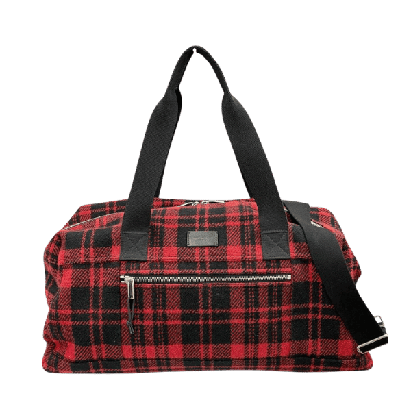 Saint Laurent Paris 594400 Wool Leather Check 2-Way Duffle Boston Bag Red Black Womens Mens [Used]