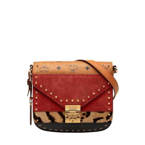 MCM Visetos Monogram Leopard Studs Shoulder Bag Brown Leather Suede Haircalf Womens [Used]