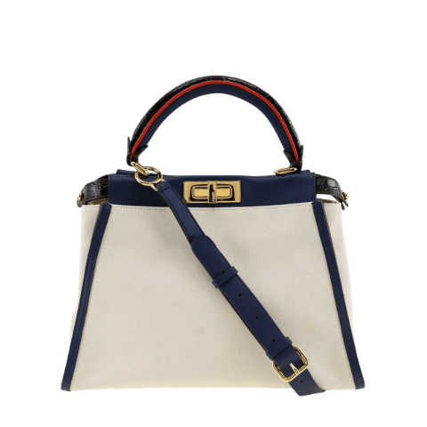 FENDI PEEKABOO 2WAY Handbag Shoulder Bag 8BN290 Canvas x Calf Made in Italy White/Navy Shoulder Carry Tote Bag 2way A5 Turnlock Peekaboo Ladies [Used] A-Rank
